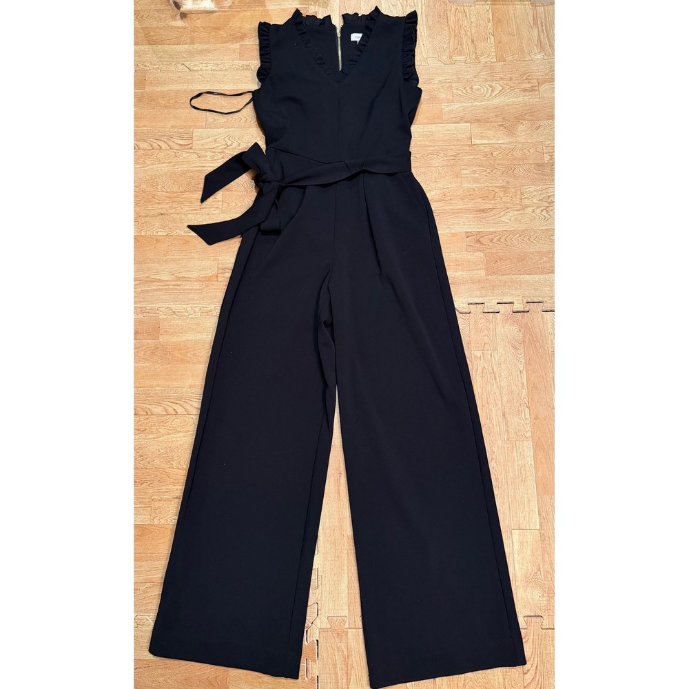 Calvin Klein Black Ruffle V-Neck Wide Leg Belted Jumpsuit Size 4 Career Business